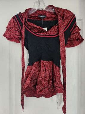 bebe Red and Black Short Sleeve Ruffle Knit Top with Scarf Tie